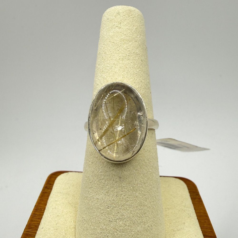 NWT 13x18mm Rutilated quartz oval cabochon, solitaire ring in sterling silver!